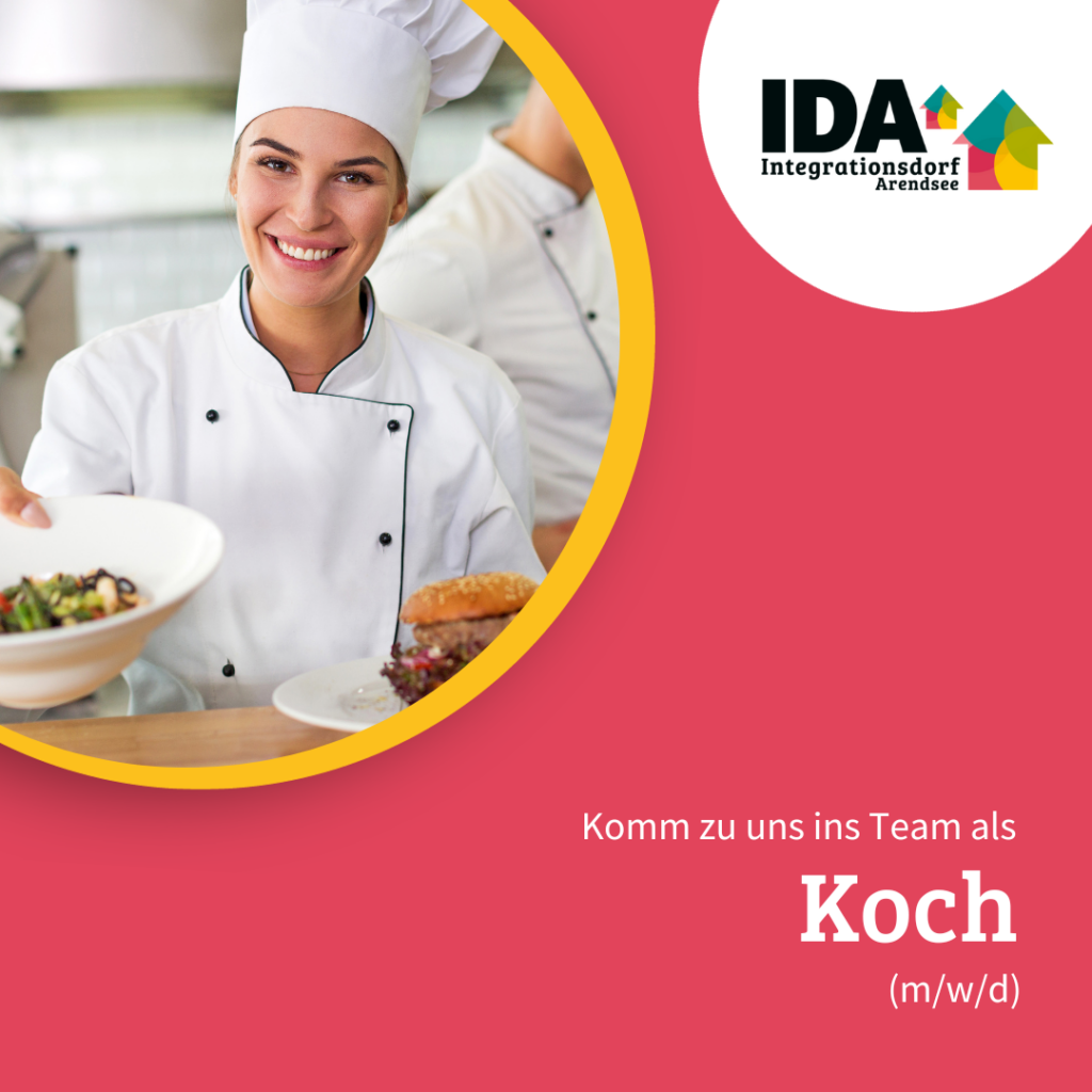 Eine Grafik zur Stellenanzeige "Koch/Köchin", die einen Köchin in der Küche mit Burger und Salat zeigt