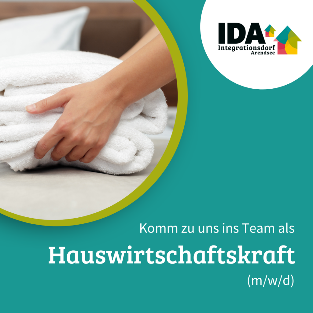 Eine Grafik zur Stellenanzeige "Hauswirtschaftskraft", die zeigt, wie Handtücher auf ein Bett gelegt werden