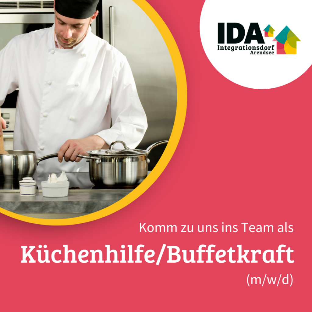 Eine Grafik zur Stellenanzeige "Küchenhilfe", die einen Koch in der Küche zeigt